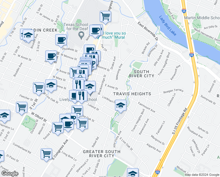 map of restaurants, bars, coffee shops, grocery stores, and more near 1810 Newning Avenue in Austin