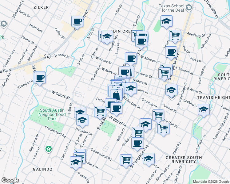 map of restaurants, bars, coffee shops, grocery stores, and more near 603 West Live Oak Street in Austin
