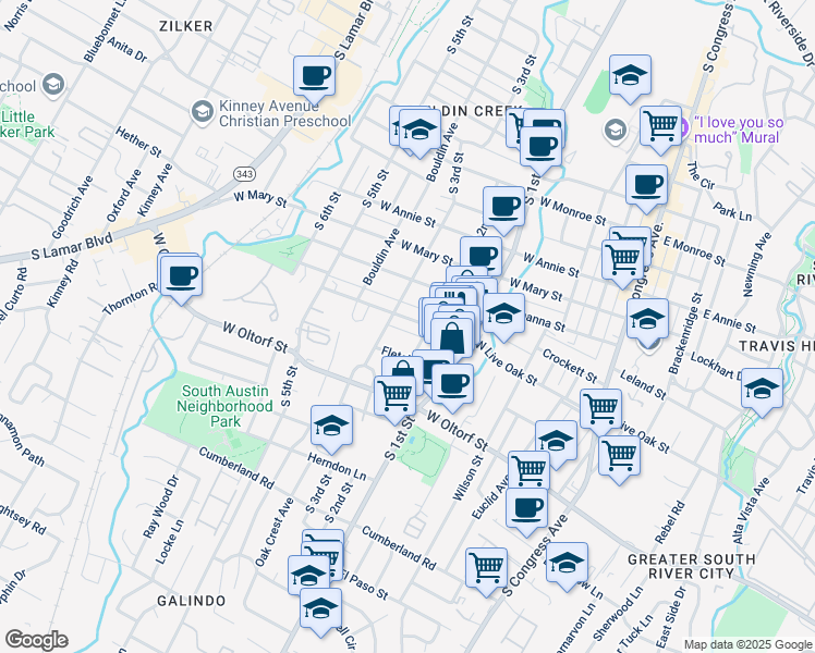 map of restaurants, bars, coffee shops, grocery stores, and more near 701 West Live Oak Street in Austin