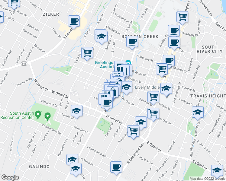 map of restaurants, bars, coffee shops, grocery stores, and more near 606 West Live Oak Street in Austin