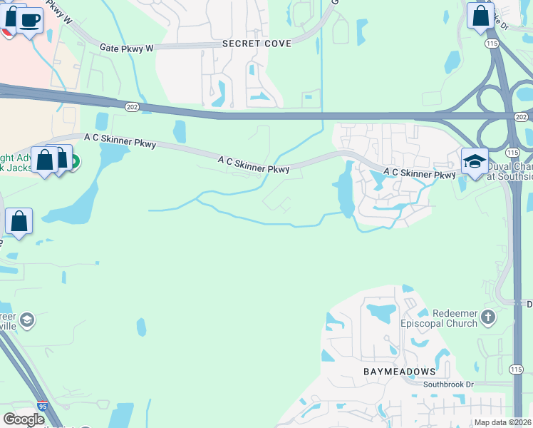 map of restaurants, bars, coffee shops, grocery stores, and more near 7200 A C Skinner Parkway in Jacksonville