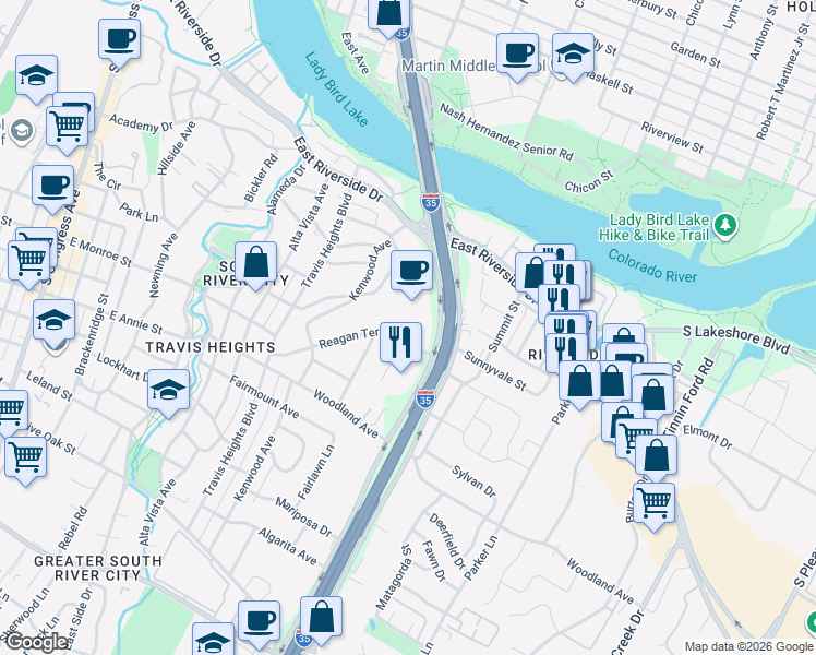 map of restaurants, bars, coffee shops, grocery stores, and more near 1407 Parkinson Drive in Austin