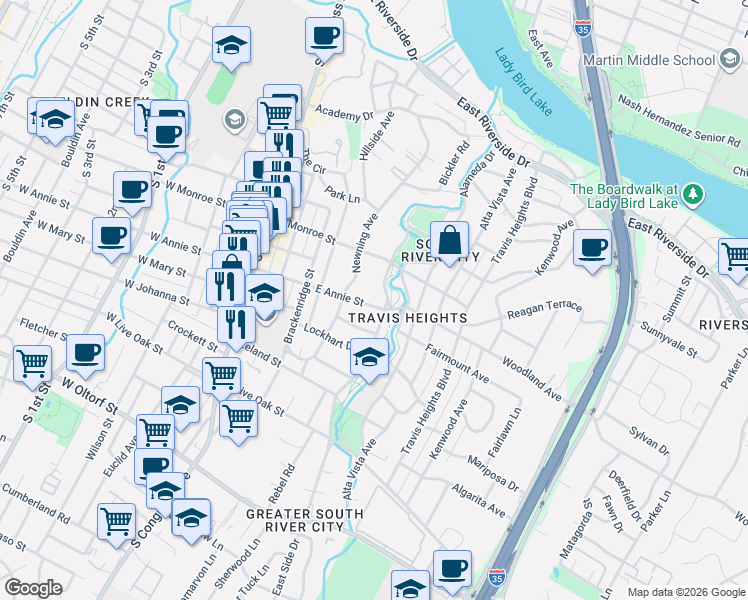 map of restaurants, bars, coffee shops, grocery stores, and more near 514 East Annie Street in Austin