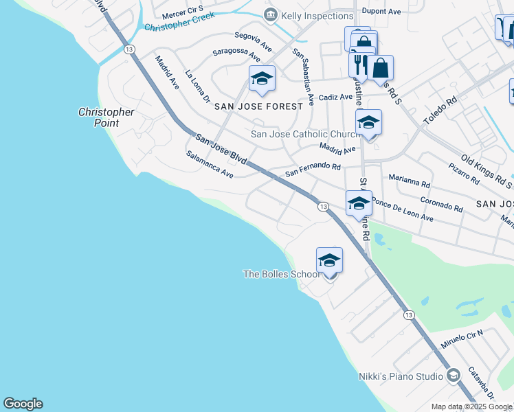 map of restaurants, bars, coffee shops, grocery stores, and more near 7227 San Pedro Road in Jacksonville