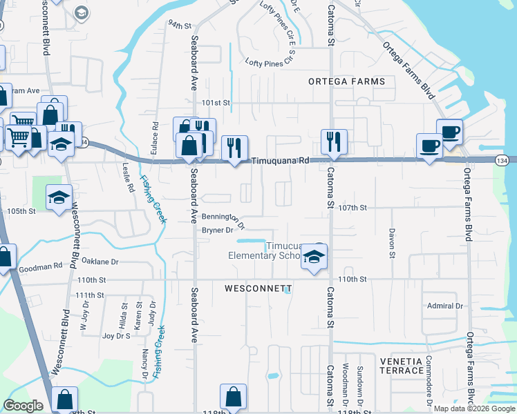 map of restaurants, bars, coffee shops, grocery stores, and more near 5529 Cabot Drive North in Jacksonville