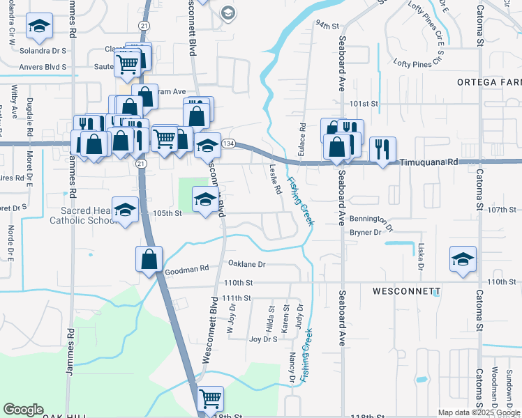 map of restaurants, bars, coffee shops, grocery stores, and more near 5704 Knollwood Drive in Jacksonville