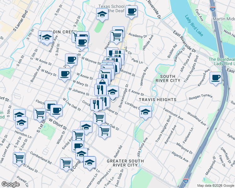 map of restaurants, bars, coffee shops, grocery stores, and more near 1811 Nickerson Street in Austin