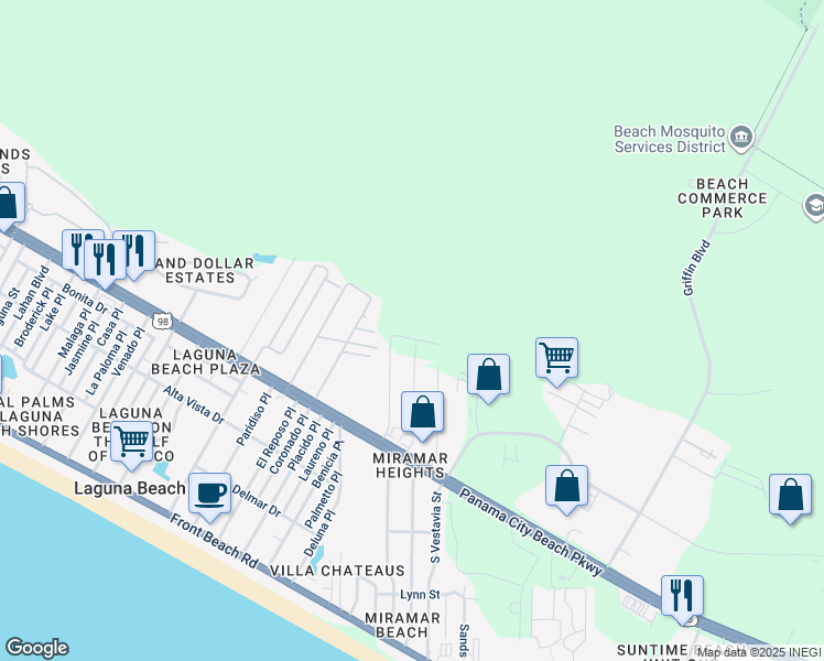 map of restaurants, bars, coffee shops, grocery stores, and more near Fire Lane in Panama City Beach