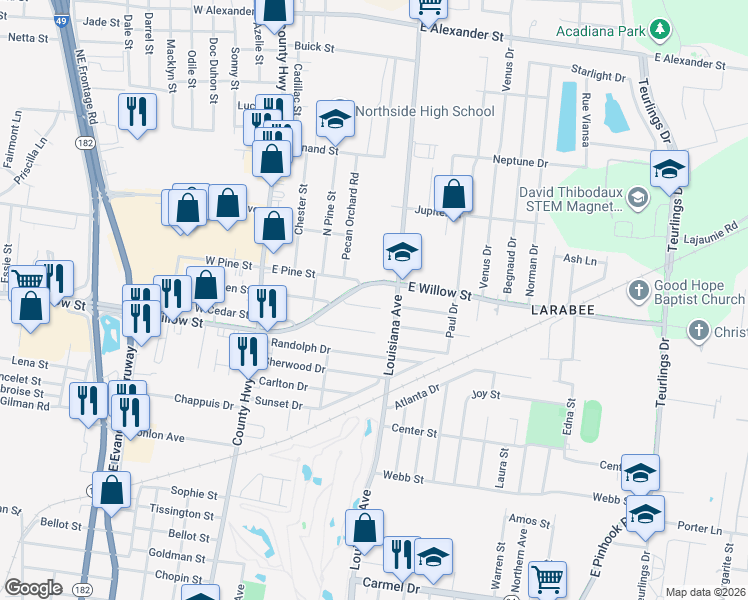 map of restaurants, bars, coffee shops, grocery stores, and more near 436 East Evergreen Street in Lafayette