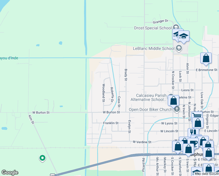 map of restaurants, bars, coffee shops, grocery stores, and more near 124 Jacqueline Street in Sulphur