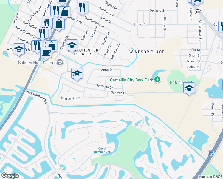 map of restaurants, bars, coffee shops, grocery stores, and more near 501 Spartan Drive in Slidell