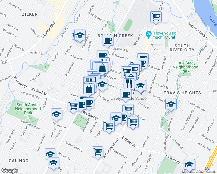 map of restaurants, bars, coffee shops, grocery stores, and more near 409 West Johanna Street in Austin
