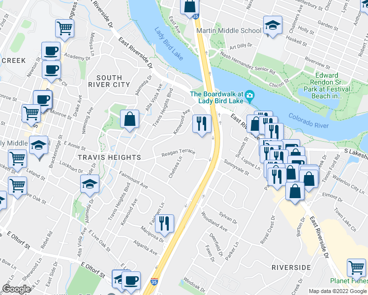 map of restaurants, bars, coffee shops, grocery stores, and more near 1132 Reagan Terrace in Austin
