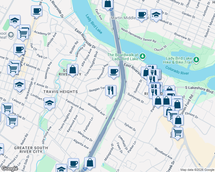 map of restaurants, bars, coffee shops, grocery stores, and more near 1202 Reagan Terrace in Austin