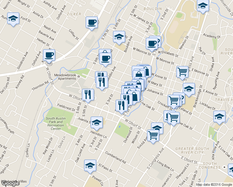 map of restaurants, bars, coffee shops, grocery stores, and more near 713 West Live Oak Street in Austin