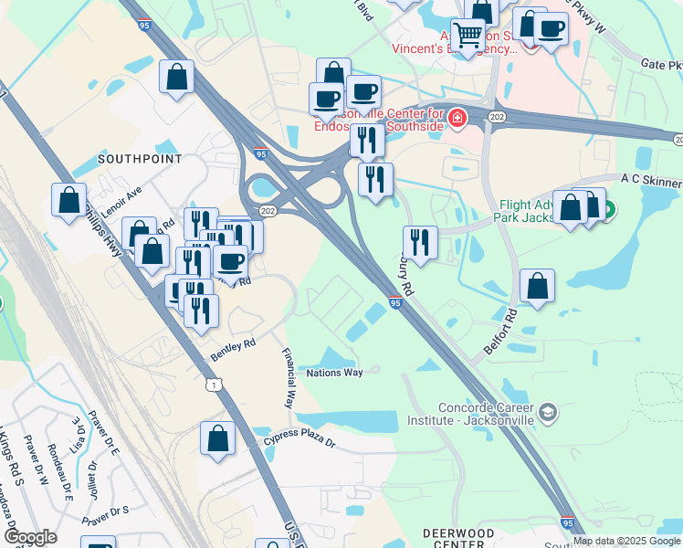 map of restaurants, bars, coffee shops, grocery stores, and more near 7044 Deer Lodge Circle in Jacksonville