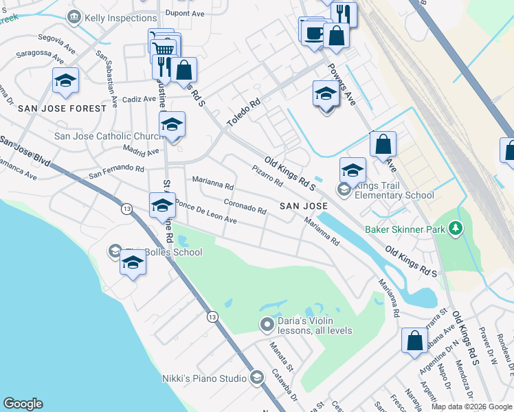 map of restaurants, bars, coffee shops, grocery stores, and more near 7204 Poinciana Street in Jacksonville