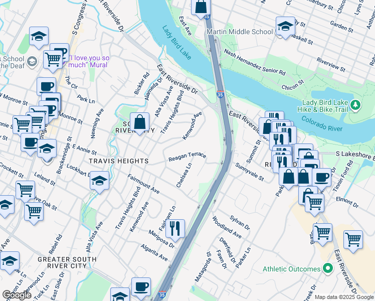 map of restaurants, bars, coffee shops, grocery stores, and more near 1121 Reagan Terrace in Austin