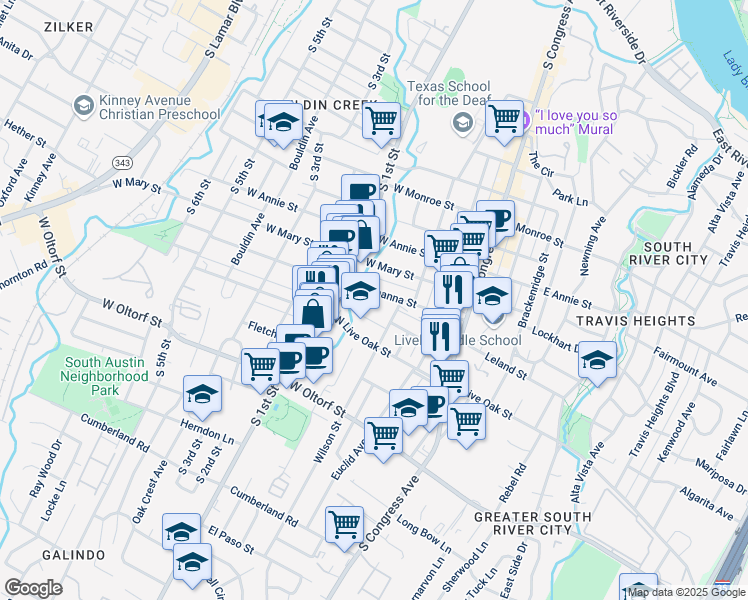 map of restaurants, bars, coffee shops, grocery stores, and more near 2006 Wilson Street in Austin