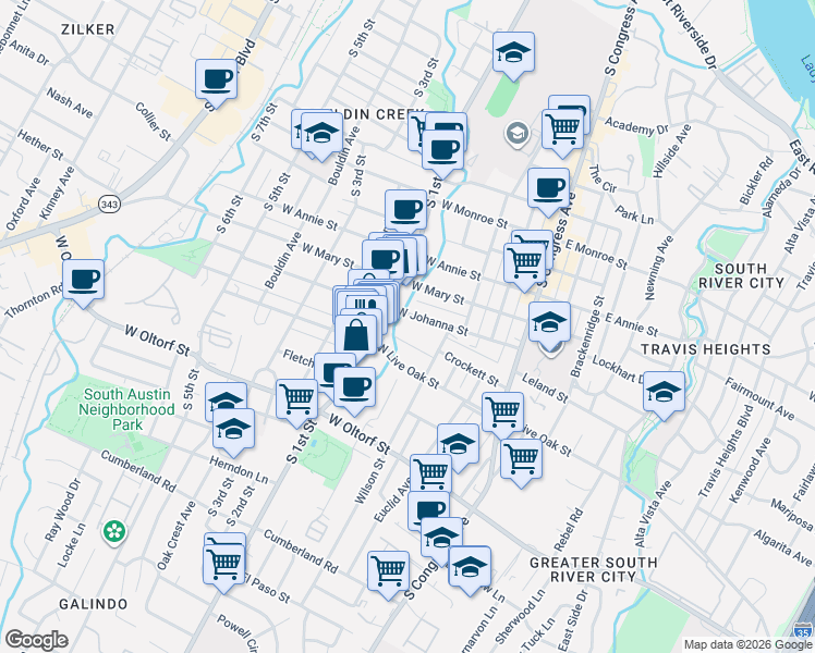 map of restaurants, bars, coffee shops, grocery stores, and more near 417 West Johanna Street in Austin
