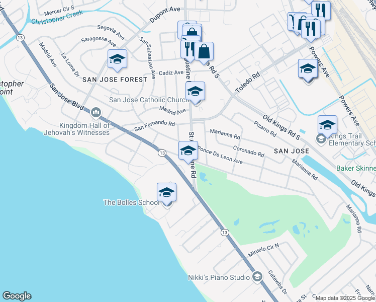map of restaurants, bars, coffee shops, grocery stores, and more near 7306 Saint Augustine Road in Jacksonville