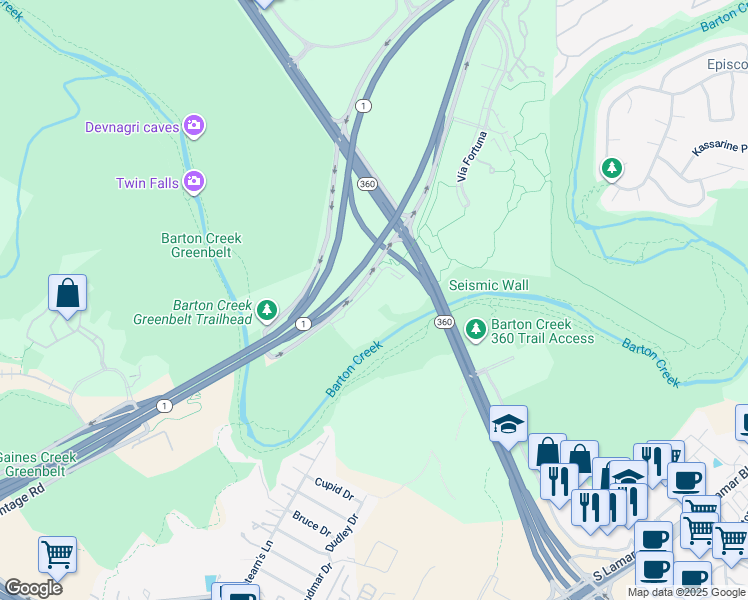 map of restaurants, bars, coffee shops, grocery stores, and more near 3711 South Mo-Pac Expressway in Austin