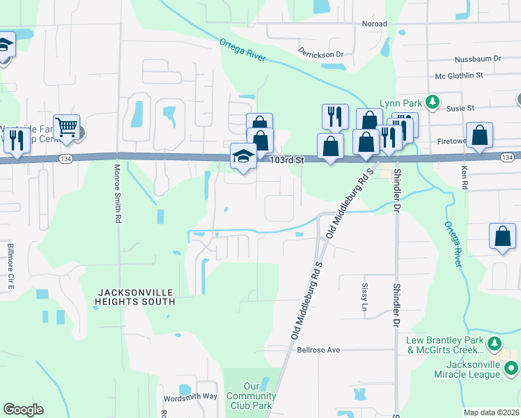 map of restaurants, bars, coffee shops, grocery stores, and more near 5564 Rockola Road in Jacksonville