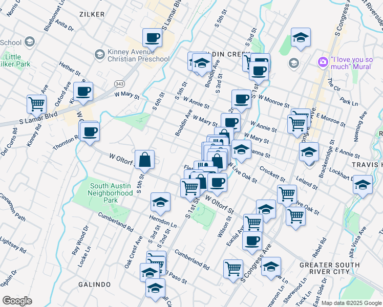 map of restaurants, bars, coffee shops, grocery stores, and more near 2217 South 3rd Street in Austin