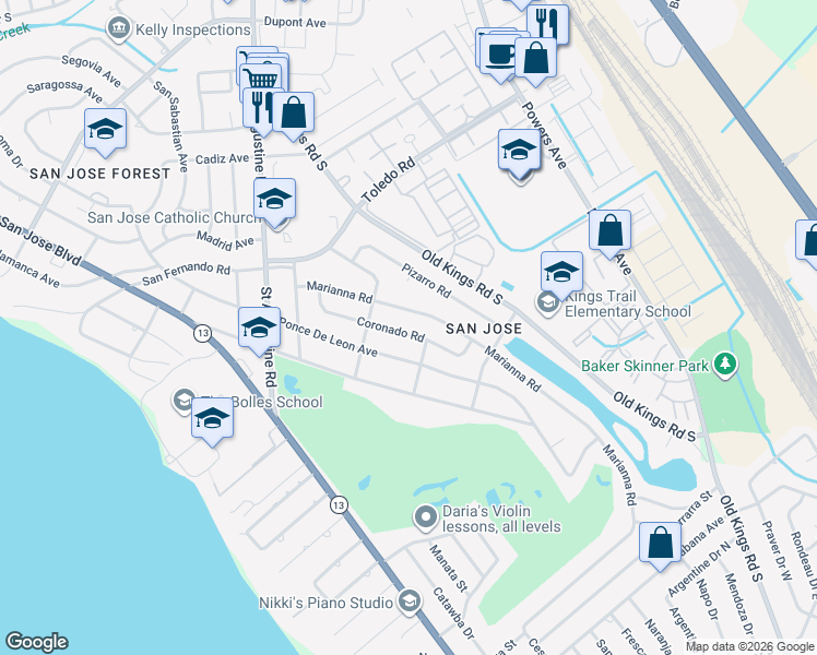 map of restaurants, bars, coffee shops, grocery stores, and more near 7204 Poinciana Street in Jacksonville