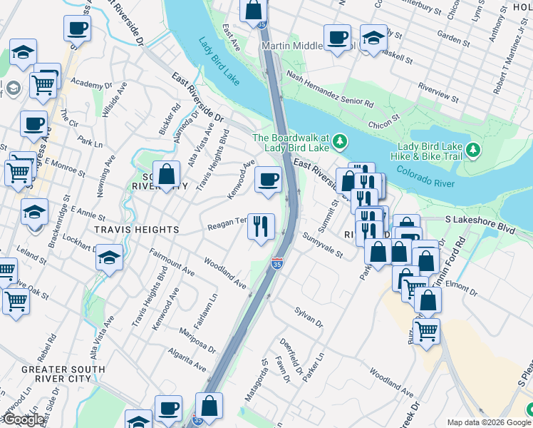 map of restaurants, bars, coffee shops, grocery stores, and more near 1405 Parkinson Drive in Austin