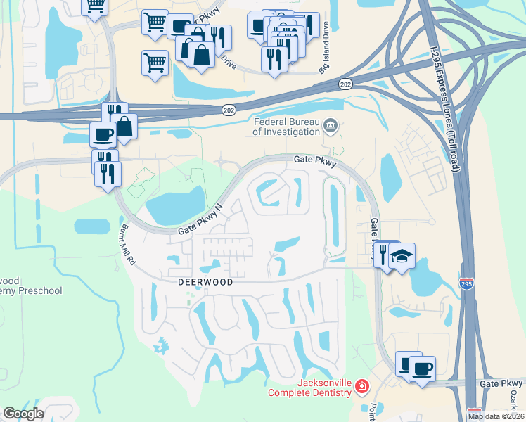 map of restaurants, bars, coffee shops, grocery stores, and more near 11143 Castlemain Circle East in Jacksonville