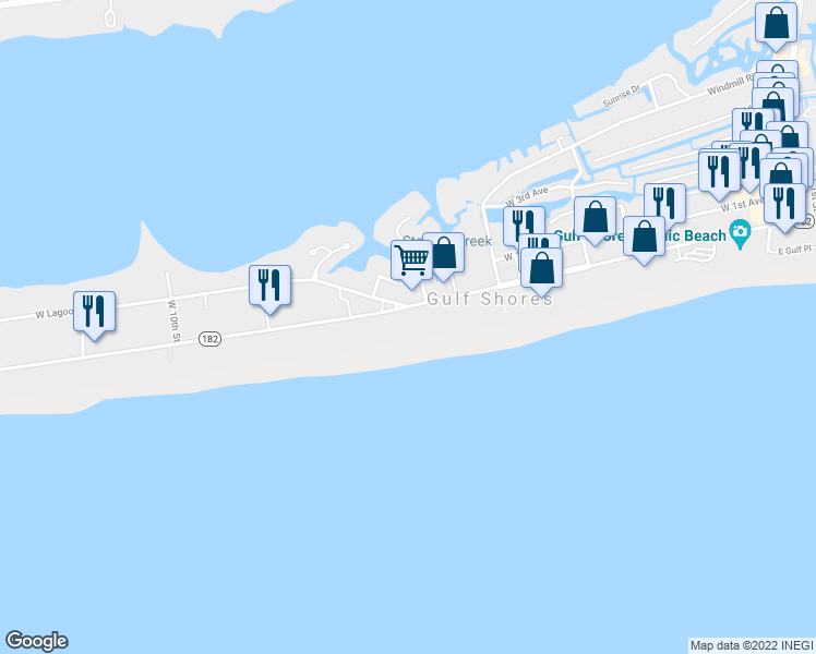 map of restaurants, bars, coffee shops, grocery stores, and more near 903 West Beach Boulevard in Gulf Shores