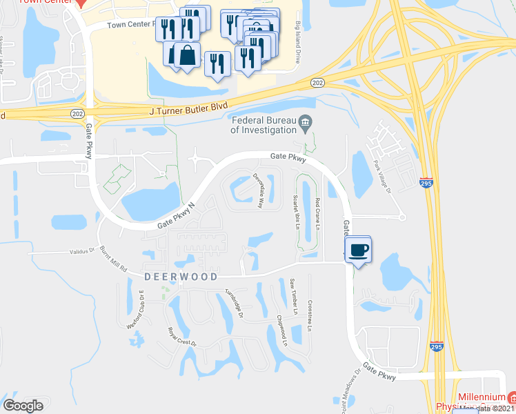 map of restaurants, bars, coffee shops, grocery stores, and more near 11109 Castlemain Circle East in Jacksonville