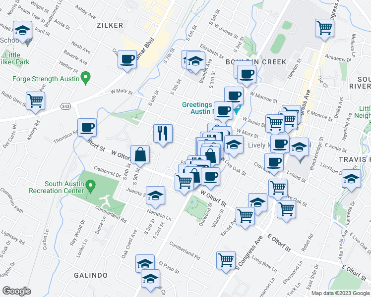 map of restaurants, bars, coffee shops, grocery stores, and more near 715 West Live Oak Street in Austin