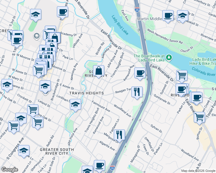 map of restaurants, bars, coffee shops, grocery stores, and more near 1507 Travis Heights Boulevard in Austin