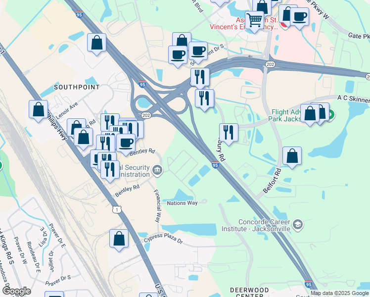 map of restaurants, bars, coffee shops, grocery stores, and more near 7043 Deer Lodge Circle in Jacksonville