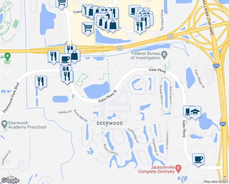 map of restaurants, bars, coffee shops, grocery stores, and more near Yellow Fin Drive in Jacksonville