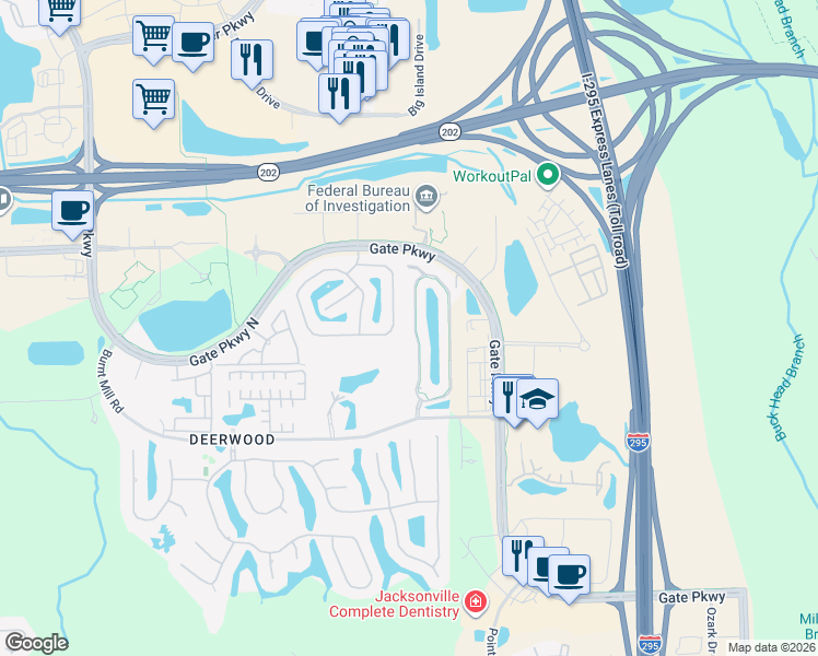 map of restaurants, bars, coffee shops, grocery stores, and more near 7532 Scarlet Ibis Lane in Jacksonville