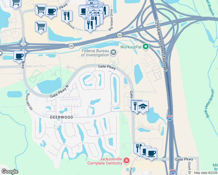 map of restaurants, bars, coffee shops, grocery stores, and more near 7532 Scarlet Ibis Lane in Jacksonville