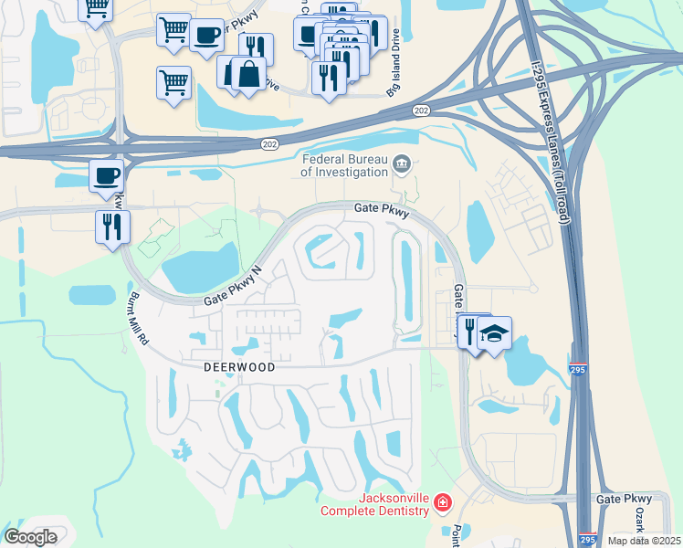 map of restaurants, bars, coffee shops, grocery stores, and more near 11109 Castlemain Circle East in Jacksonville