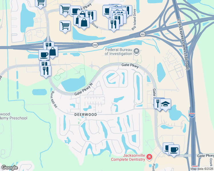 map of restaurants, bars, coffee shops, grocery stores, and more near 11143 Castlemain Circle East in Jacksonville