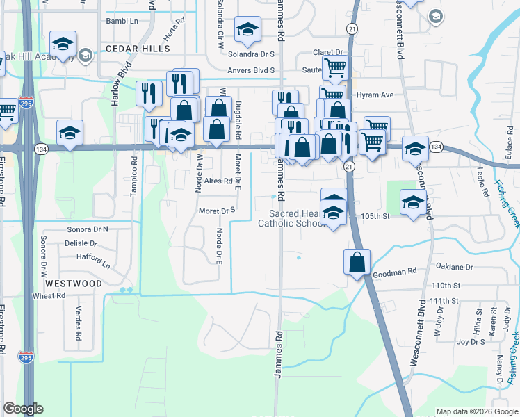 map of restaurants, bars, coffee shops, grocery stores, and more near 5712 Jammes Road in Jacksonville