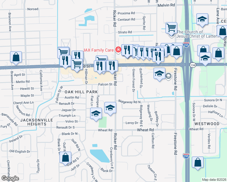 map of restaurants, bars, coffee shops, grocery stores, and more near 7638 Rambler Road in Jacksonville