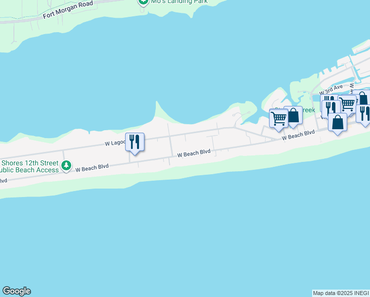 map of restaurants, bars, coffee shops, grocery stores, and more near 1069 Alabama 182 in Gulf Shores