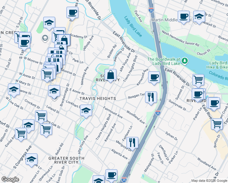 map of restaurants, bars, coffee shops, grocery stores, and more near in Austin