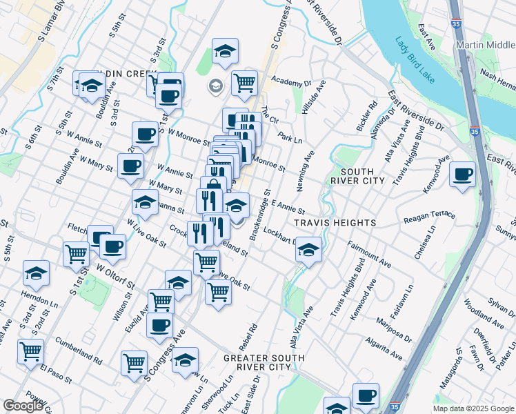 map of restaurants, bars, coffee shops, grocery stores, and more near 1813 Brackenridge Street in Austin