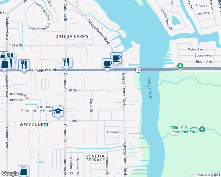 map of restaurants, bars, coffee shops, grocery stores, and more near 5156 107th Street in Jacksonville