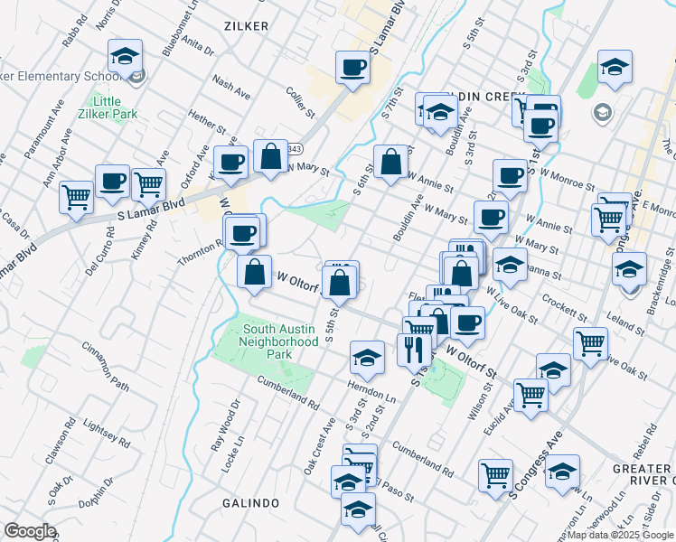 map of restaurants, bars, coffee shops, grocery stores, and more near 2208 South 5th Street in Austin