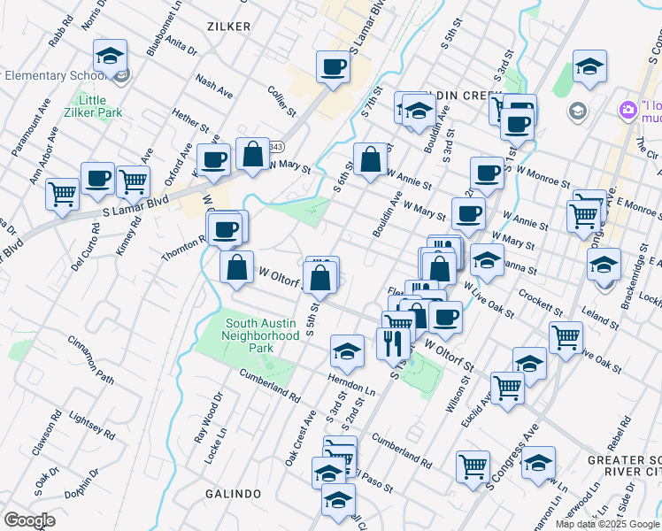 map of restaurants, bars, coffee shops, grocery stores, and more near 2207 South 5th Street in Austin