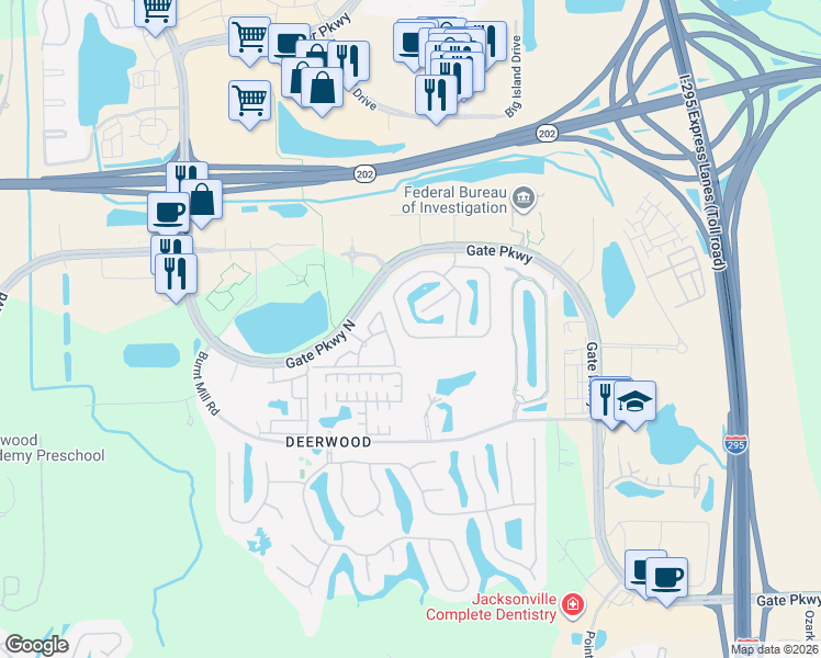 map of restaurants, bars, coffee shops, grocery stores, and more near 11143 Castlemain Circle East in Jacksonville